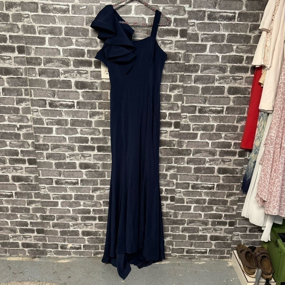 Mac Duggal evening gown dress navy blue ruffle sleeve